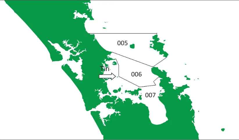 Figure 3.3: Catch regions in the Hauraki Gulf, New Zealand for commercially fished species as defined by the Ministry of Fisheries NABIS website