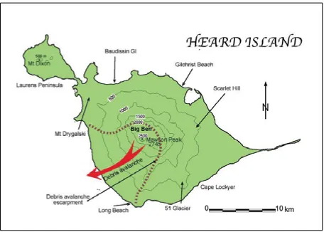FIG. 7 — Heard Island, south central Indian Ocean, showing site of debris avalanche that removed a large slab of the island and deposited it to the southwest.