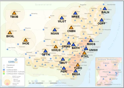 Figure 1: CORSnet-NSW coverage map (current at February 2012), including the 20 CORS sites  investigated
