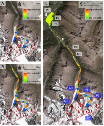 Fig. 9. Flow routes of outbursts from potential future glacier lakes of Morteratsch (M1, M2) and Pers Glacier (P1–P3) modeled with theMSF algorithm
