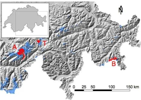 Fig. 1. Overview of the study regions. Aletsch Glacier (A), TriftGlacier (T) and the Bernina region (B) are shown in red, otherglaciers are shown in light blue