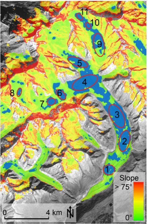 Fig. 5. Potential overdeepenings in the bed of Aletsch Glacier; IRS-1C scene (10 m resolution) in the background