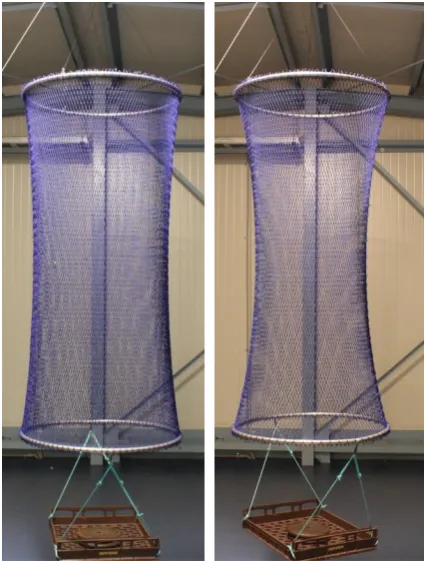 Fig. 3.7 Nylon samples in the longitudinal orientation attached to 1m diameter  hoops with the horizontal mesh hanging coefficient of 0.32 and 0.44 (eq