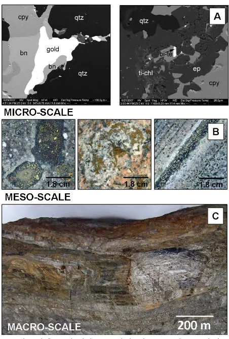 Figure 2.1. Photographs illustrating the scales that texture can be observed. AA. BSE images showing examples of micro-scale textures