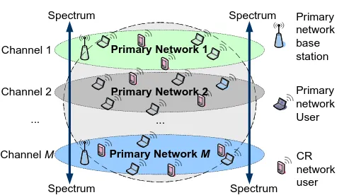 Figure 1. The CR secondary network is collocated with Mprimary networks.