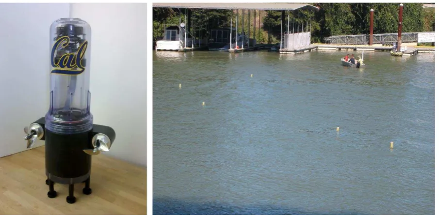 Figure 1. Prototype of a motorized drifter (left). Five passive drifters in a river (right).