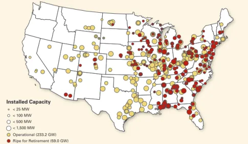 Figure ES-1. Ripe-for-Retirement Generators Located in 31 States   (High Estimate by Size of Generators: 353 Generators Totaling 59 GW * )