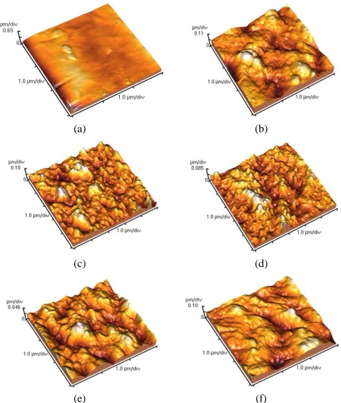 Fig. 6. Surface morphology of membranes obtained by AFM: (a) neat PEBA, (b) MMM with 2% CNT and 10% PEG, (c) MMM with 2% CNT and 50% PEG, (d) MMM with 8% CNT and 50% PEG, (e) MMM with 50% PEG, and (f) MMM with 2% CNT