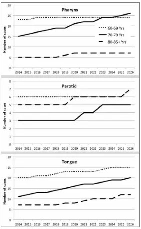 Figure 2.  The projected increase in the number of cases of malignancies of the pharynx, parotid and tongue for the three oldest age groups.
