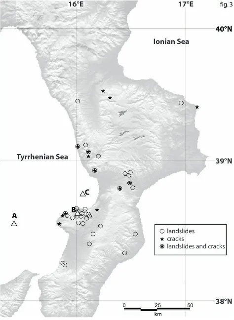 Fig. 4. Sites of hydrological effects. Triangles indicate the threelocations in study A, B, and C.