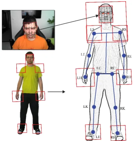 Figure 3. Skeleton model mapping (first L is for left, vice versa R for right, LH – hand, LE – elbow, LS – shoulder, LC – hip or coxa, LK – knee, LH – heel)