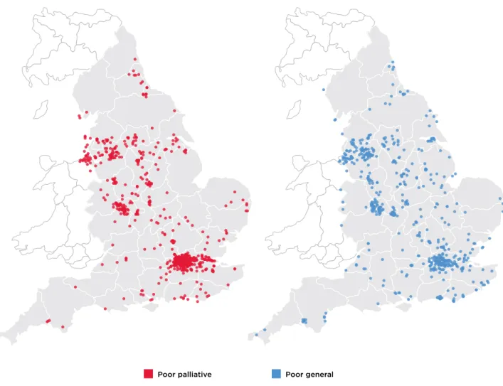 Figure 6   Map showing geographical distribution of generally low scoring and poor on   palliative review (PC2) QOF groups 