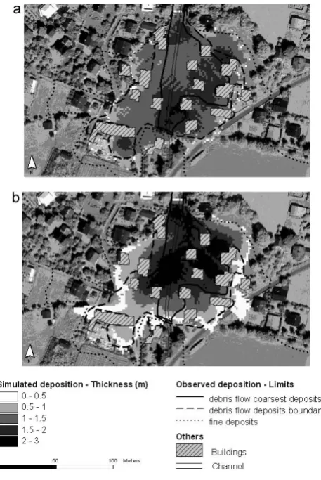 Fig. 3. Simulation of the debris ﬂow event of August 1997 in the(b)Wartschenbach torrent, using Bingham (a) and Coulomb-viscous rheologies.Simulation parameters were:τC=2500 Pa andµ=525 Pa s; and τC=2500 Pa, µ=1300 Pa s and ϕ′=4.8◦, respec-tively.