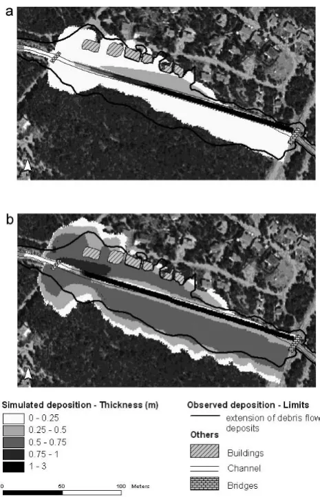 Fig. 5. Simulation of the debris ﬂow event of August 2003 in the µFaucon torrent, using Bingham (top) and Coulomb-viscous (bot-tom) rheologies.Simulation parameters were: τC=400 Pa and=67 Pa s; and τC=200 Pa, ϕ′=3.8◦and µ=10 Pa s, respectively.