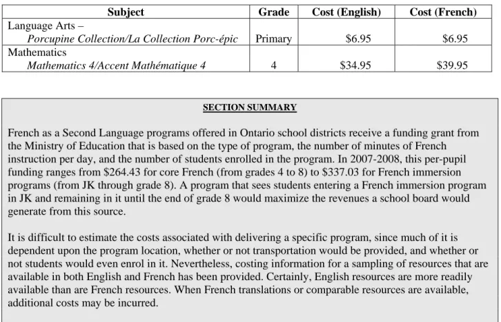 Table 10: Comparison of Costs for a Sample of Texts to Support the Language Arts and  Mathematics Curriculum 