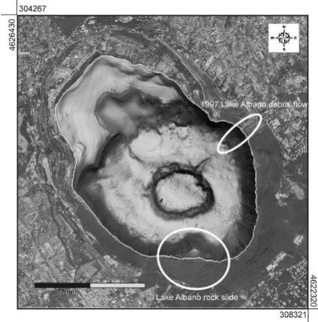 Figure 3. Aerial photo and bathymetry shaded relief of Lake Albano. White ellipses enclose the Lake Albano rock slide and the 1997 debris flow (modified from Bozzano et al., 2009)