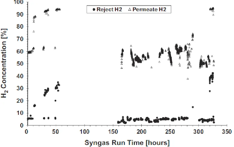 Fig. 13. H2 concentration in the permeate and reject sides near the end of the test [60]