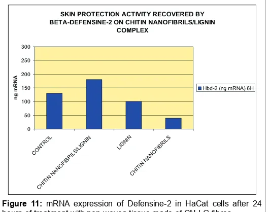 Figure 12: mRNA expression of Metalloproteinases-9 in HaCat cells after 6 and 24 hours of treatment with by non-woven tissue Made of CN-LG fibres