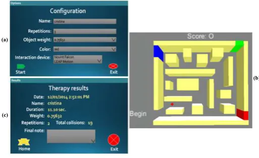 Fig. 1. Haptic–enhanced virtual environment: (a) therapy conﬁguration; (b)exercise in the virtual maze for wrist therapy; (c) therapy results.