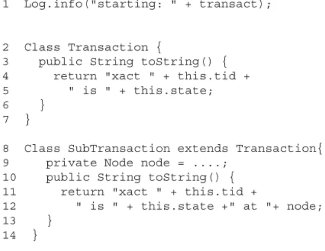 Figure 8: Example source code segments. Notice that the log- log-ger call in line 1 may generate different log messages at runtime due to the class hierarchies.