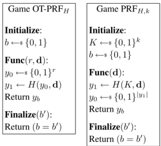 Figure 4. One-time PRF and PRF security games for variable-key-length function H.