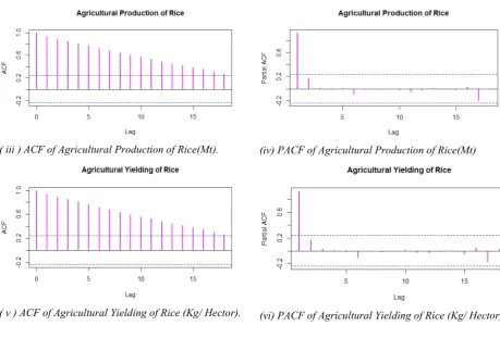 Figure 3.2. Autocorrelation Function (ACF) and Partial Autocorrelation Function (PACF) for Area, Production and Yielding of Rice Cultivation in India (1950-51 to 2017-18) 