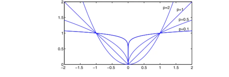 Figure 1 presents the behavior of the scalar weight function |x| p —the core of the norm computation—for various values of p, showing that as p goes to zero, this measure becomes a count of the nonzeros in x.