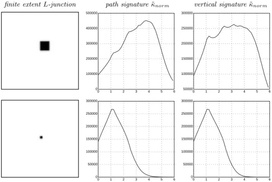 Figure 10: Scale-space signatures of ˜ κ norm for diffuse L-junctions (t 0 = 1.0) of different spatial extent (1/4 and 1/16 of the image size)