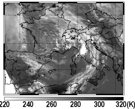 Fig. 1. 1 June 2007, 10:54 UTC. AVHRR (NOAA-18) brightnesstemperatures at 10.8 µm over the selected area.