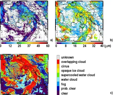 Fig. 2. 1 June 2007, 10:54 UTC. AVHRR cloud products used in the statistical analysis: (a) τ, (b) Re, and (c) cloud type.