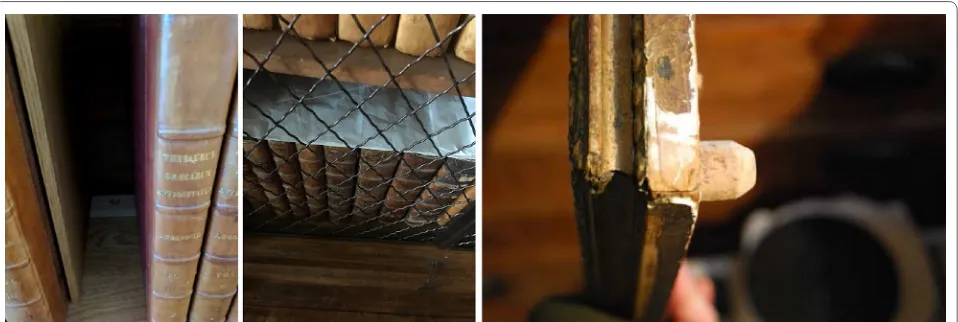 Fig. 2 Various means developed by National Trust to minimise odds for mould growth. Left: new timber insert at back of shelf with ventilation hole; middle: taffeta cover protecting text blocks from dust accumulation and resultant mould growth; right (© Andrew Bush/National Trust): cork spacer to support frames so that they are not flush with the wall