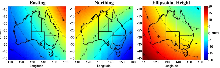 Figure 5: Easting, Northing and Ellipsoidal Height differences in millimetres  (Method D minus Method A) at epoch 2010.0 across Australia