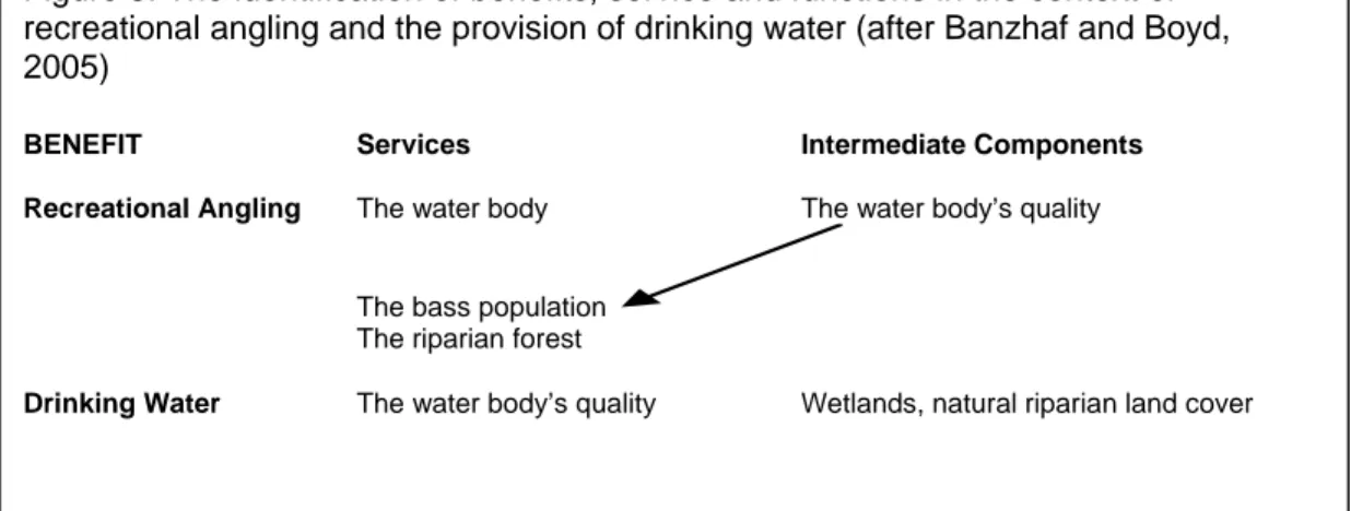 Figure 3: The identification of benefits, service and functions in the context of  recreational angling and the provision of drinking water (after Banzhaf and Boyd,  2005) 