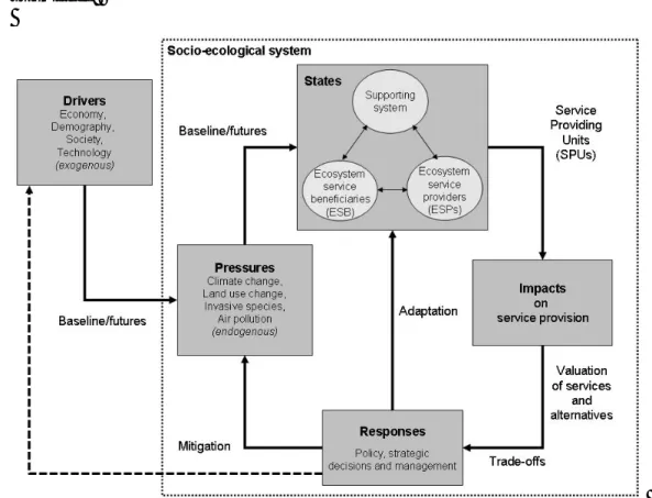 Figure 5: A framework for linking direct and indirect drivers, pressures and  responses in a coupled socio-ecological system for assessment of the effects of  environmental change drivers on ecosystem services (after Rounsevell et al.,  submitted)