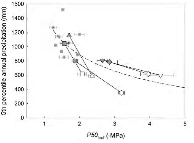 Figure 4.2 The relationship between leaf vulnerability to cavitation (mean annual rainfall across each of the Tasmanian species' geographic distribution