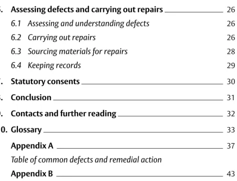 Table of common defects and remedial action 
