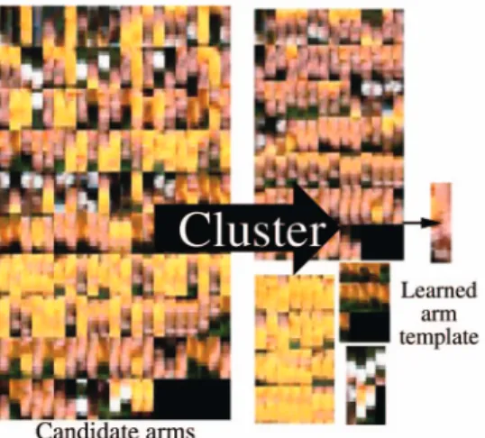 Fig. 7. Clustering the candidate arms from Fig. 6 (we show the patches on the left). The learned template is the medoid patch of the largest cluster