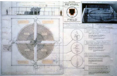 Figure 21 Mel Chin, Revival Field, 1990; schematic drawing, graphite, ink, photocopied images on rag board, plot approx. 18 x 18 x 2.7 m (Source: Chin 1990) 