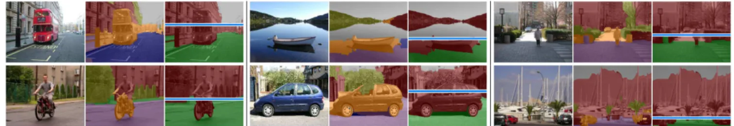 Figure 4. Examples of where our algorithm makes mistakes, such as mislabeling of road as water (top left), or confusing boat masts as buildings (bottom right)