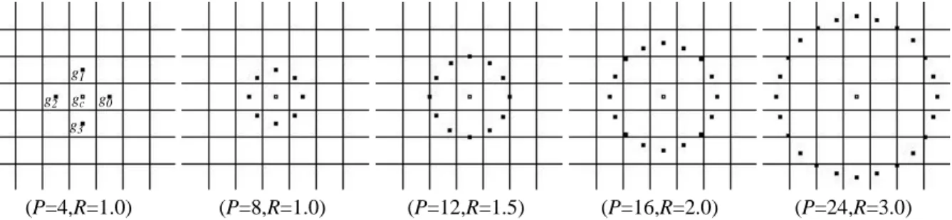 Fig. 1. Circularly symmetric neighbor sets for different (P,R).