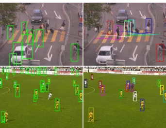 Figure 1: Using the output of a person detector (left), which typi- typi-cally contains many false positives and missing detections, our  al-gorithm robustly tracks multiple targets in complex scenes (right).