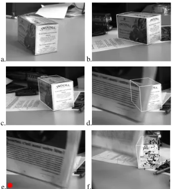 Figure 1: Automated pose estimation of a box to initialize a 3D tracker. (a): One of the training images; (b): An  in-put image in which the box is automatically detected and its pose estimated; (c) and (d): Feature points are tracked to register the camer