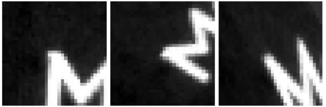 Figure 2: The patch around a keypoint detected in the train- train-ing image of a book cover, and two patches synthesized  us-ing random affine transformations.