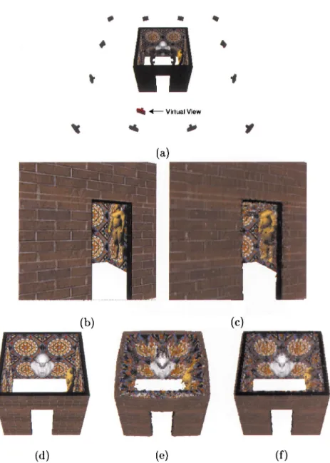 Figure 11. Reconstruction of a synthetic building scene. (a) 24 Cameras were placed in both the interior and exterior of a building to enable simultaneous, complete reconstruction of its exterior and interior surfaces