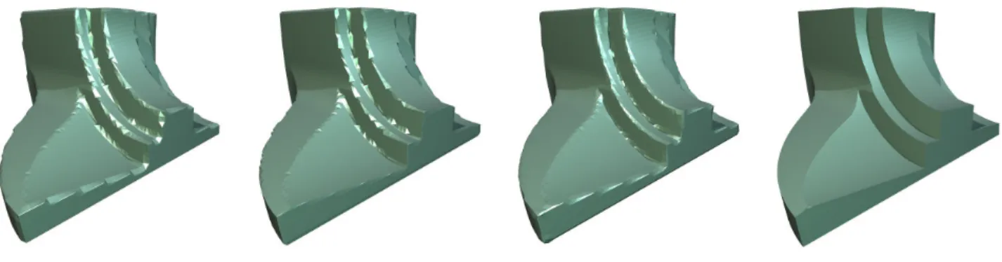 Figure 1: We present a new technique to extract high quality triangle meshes from volume representations of geometric objects