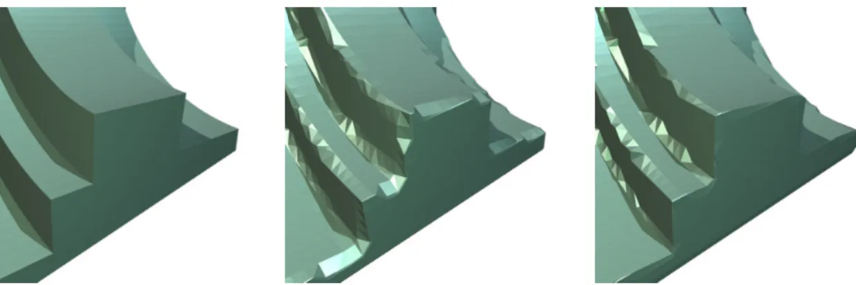 Figure 5: The center and right surfaces are generated by the Marching Cubes algorithm applied to the uniformly sampled distance field of the object on the left