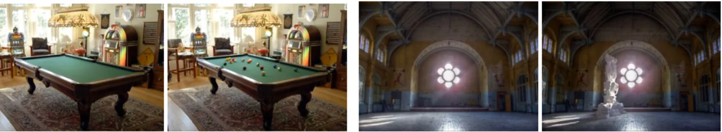 Figure 1: With only a small amount of user interaction, our system allows objects to be inserted into legacy images so that perspective, oc- oc-clusion, and lighting of inserted objects adhere to the physical properties of the scene