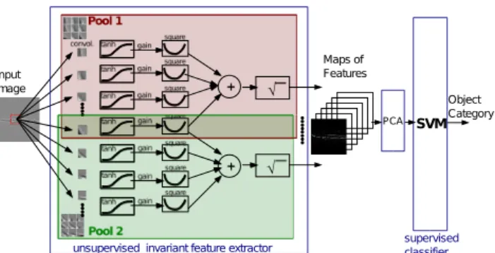 Figure 6. Diagram of the recognition system, which is composed of an invariant feature extractor that has been trained  unsuper-vised, followed by a supervised linear SVM classifier