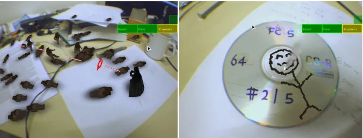Figure 7: Sample AR applications using tracking as a user interface. Left: Darth Vader’s laser gun is aimed by the camera’s optical axis to defend against a rabid ewok horde