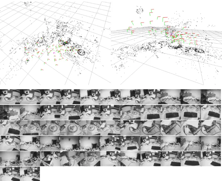 Figure 3: The map and keyframes produced in the desk video. Top: two views of the map with point features and keyframes drawn